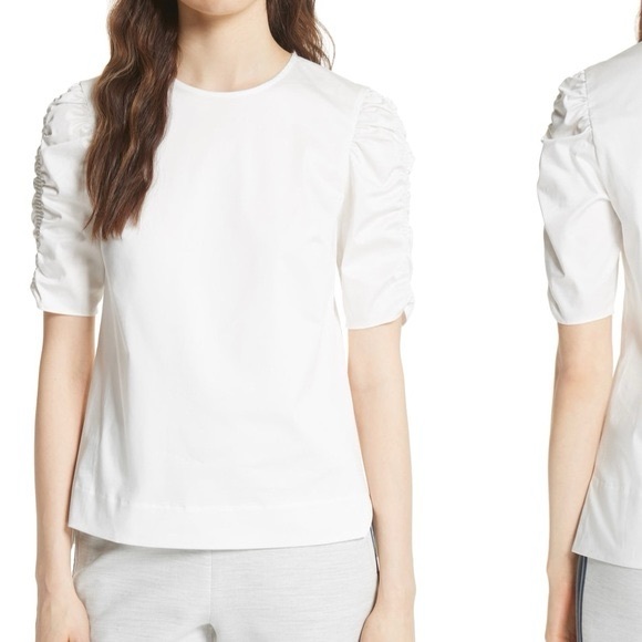 Ted Baker Clelly Cotton Poplin Short Ruched Sleeve Solid White Blouse Shirt Sz 1 - Picture 1 of 10
